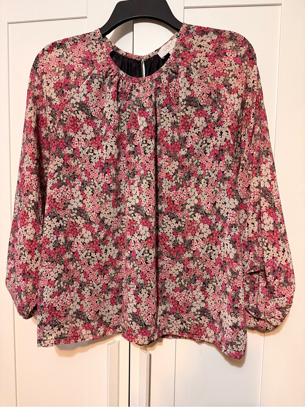 Loft Floral Long-Sleeve Blouse in Pink and Cream